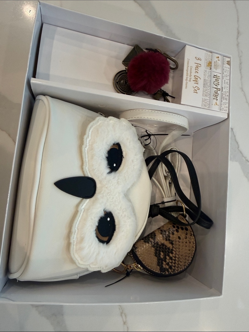 White Owl Face Crossbody Bag with Snake-Print Coin Pouch